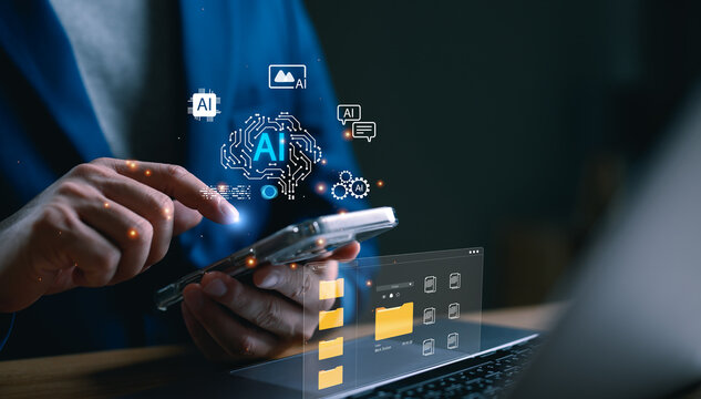 Businessman using smartphone with AI technology icons and digital file management interface. Concept of artificial intelligence integration, smart workflow automation, and data management innovation.