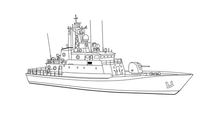 Fototapeta premium Simple Small Patrol Boat Outline Drawing for Maritime Vehicle Coloring Activities