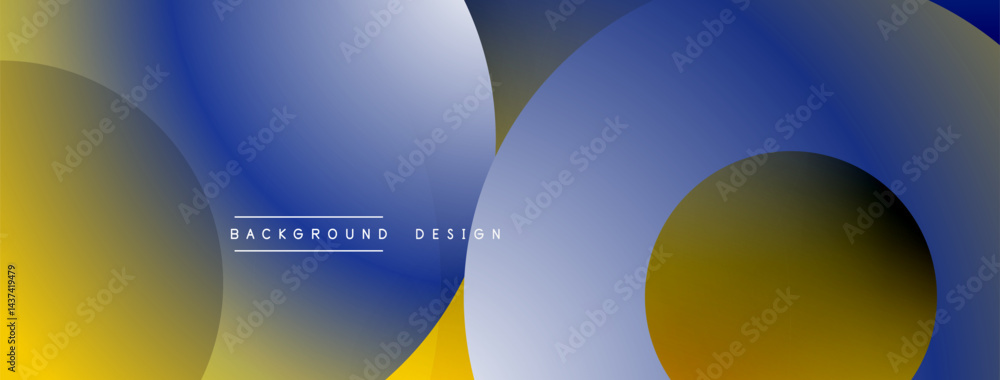 Poster abstract composition features overlapping circles. gradient colors blend yellow, blue hues. minimali