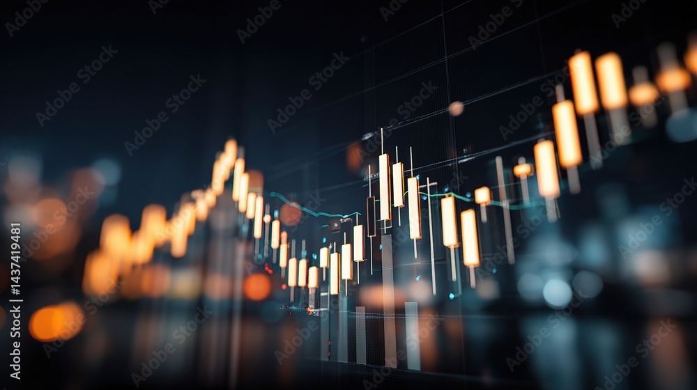 Poster investment chart with candlestick patterns and overlaid data visuals