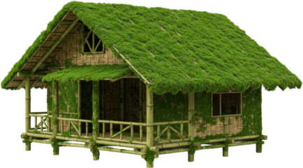 Lush Green Bamboo House with Mossy Roof and Ivy Covered Walls