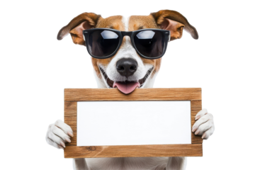 Stylish dog in sunglasses holding blank sign isolated on white background for fun creative projects