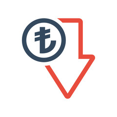 turkish lira coin and red down arrow, negative economic dynamic concept, turkish currency decrease exchange rate indicator