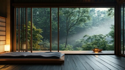 Luxury Japanese ryokan interior with open wooden balcony and forest view, early morning mist, wabi-sabi style