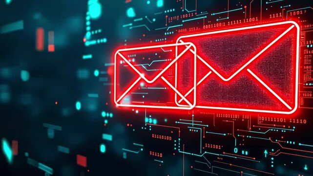 Digital illustration of a glowing red envelope symbolizing email communication amidst a tech backdrop