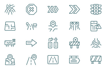 Traffic line icons set. Symbols with traffic lights, road network, city street, traffic jam and pedestrian crossing. Editable stroke. Outline vector illustration collection isolated on background