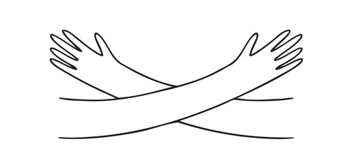 Hugging hands doodle hand drawn icon. Embrace arms support and help sign concept. Self care and love outline drawing line clipart symbol