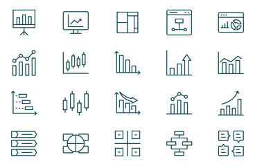 Fototapeta premium Growing bar graph outline icon set. Business graphs and charts icons. Statistics and analytics vector icon. Statistic and data, charts diagrams, money, down or up arrow.Outline icon set.