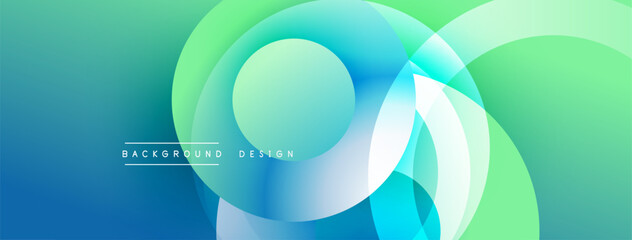 Abstract background features overlapping circles, gradients. Blue, green hues create modern visual effect. Text reads background design.