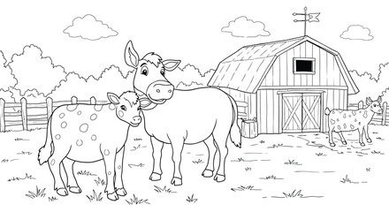 Outline Illustration of Simple Cartoon Farm Animal Single Character Coloring