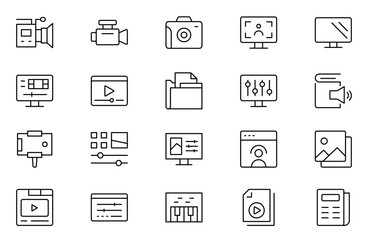 Content Creation Icon Set. Creative and versatile icons for bloggers, vloggers, and digital creators, perfect for enhancing editing tools, social media apps, and multimedia projects.