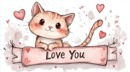 Cute Cartoon Kitten with Big Sparkling Eyes and Playful Expression