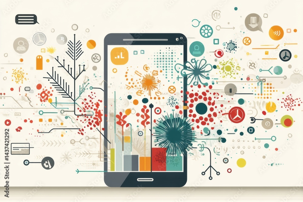 Poster Stylized Smartphone Showcasing an Explosion of Colorful Icons and Notifications, Representing a Vibrant Digital Interaction in Modern Life