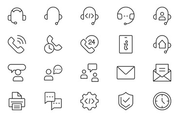 Customer Service and Support line icon set. Thin-line modern style of customer service icons: feedback, technical support, assistance, information, and more. Editable stroke outline icon.