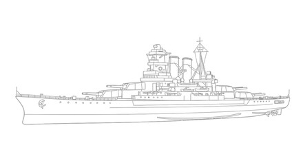 Fototapeta premium Historical WWI Era Dreadnought Ship Outline Battleship Naval Vessel Line Art