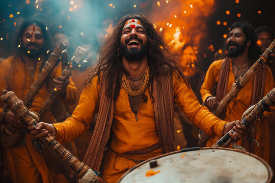 Celebration of Ganesh Chaturthi with traditional music and vibrant festivities featuring dhol and tasha in a joyous atmosphere