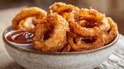 Crispy onion rings in a bowl with dipping sauce.  Golden-brown, fried rings are piled high, ready to eat.  A small bowl of dipping sauce is nearby