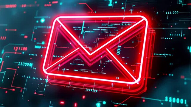 Neon email icon illuminated against a digital background filled with binary code and data streams