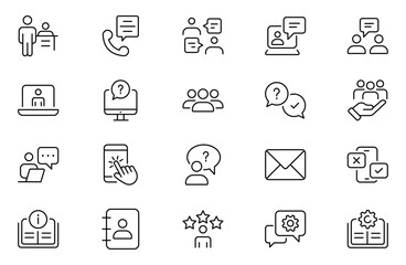 Support and customer service outline icons set. Customer Feedback, Response, experience, helpline and technical support icon illustration.