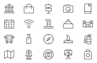 Museum ancient exhibit and service for tourist visit line icons set. Classic pillar, sculpture and painting, book and jewel, museum staff badge thin black and red outline symbols vector illustration