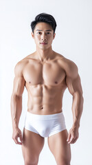 Fototapeta premium Attractive Male Model Wearing Elegant White Swim Briefs by the Water