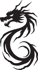 Dragon tattoo design, vector illustration, Dragon logo, black and white illustration of a stylized dragon, transparency background.