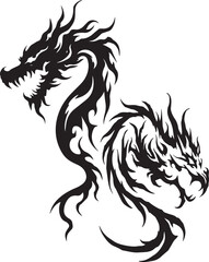 Dragon tattoo design, vector illustration, Dragon logo, black and white illustration of a stylized dragon, transparency background.