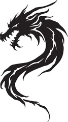 Dragon tattoo design, vector illustration, Dragon logo, black and white illustration of a stylized dragon, transparency background.