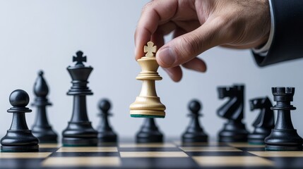 Hand moving a king piece in a chess game on a wooden board.