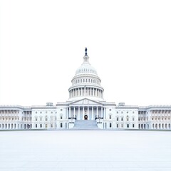 The US Capitol Building at dusk, against a white background,