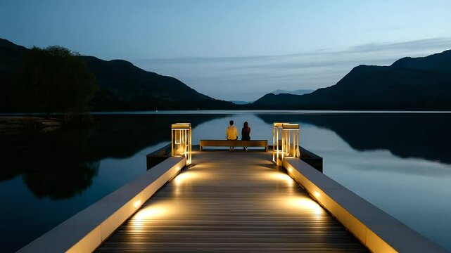 Couple on lakeside pier with mountains and sparkling rings