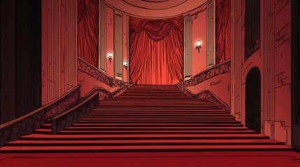 Fototapeta premium Red Staircase Leading To Grand Hall With Ornate Architecture and Dramatic Lighting
