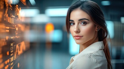 Visionary Woman in Tech: A confident woman gazes into the camera against the backdrop of a futuristic tech environment, embodies the spirit of innovation and progress.