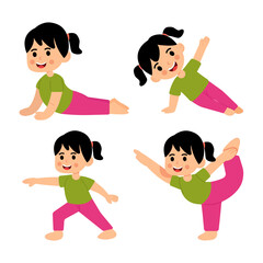 Young kids Girl in different yoga poses on white background. Vector illustration