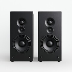 Two black speakers standing side by side, isolated on a white background.