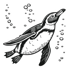 Line Art Penguin Swimming with Bubbles Black and White Illustration, Sea Animal