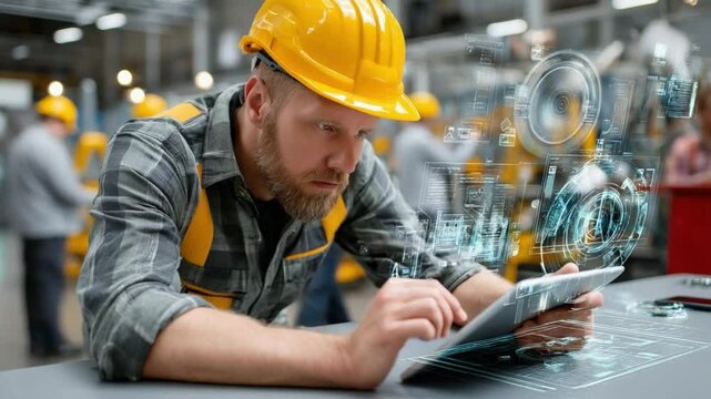 Industry 4.0: A male factory worker in a hardhat and high-visibility vest uses a digital tablet to monitor machinery in an industrial setting.