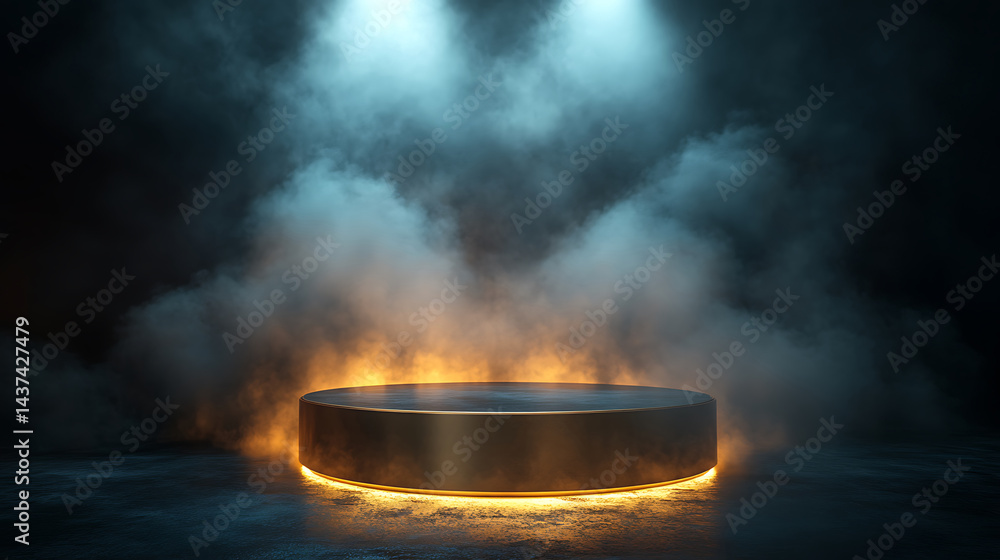 Aufkleber illuminated round platform in a smoky dark studio setting ready for product showcase or presentation