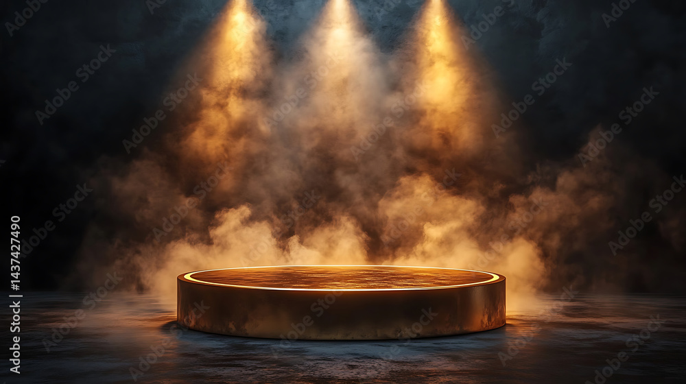 Poster empty golden platform illuminated by spotlights and dense smoke for product display or presentation 