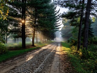 Fototapeta premium Tranquil morning light filtering through trees along a rustic gravel road