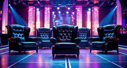 Black leather lounge chairs around dance floor at club background