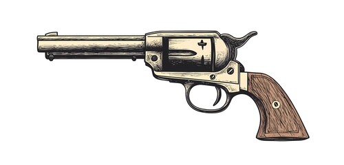 Old revolver gun in a woodcut style vector illustration with a white background