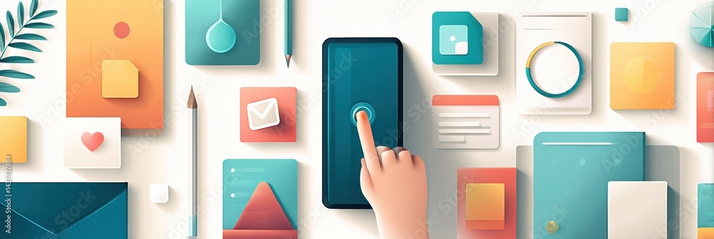 Aufkleber Stylized Smartphone App Interface With User Interacting on Screen in a Vibrant Digital Environment