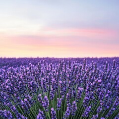 Obraz premium Lavender field under a pastel sky at sunset.