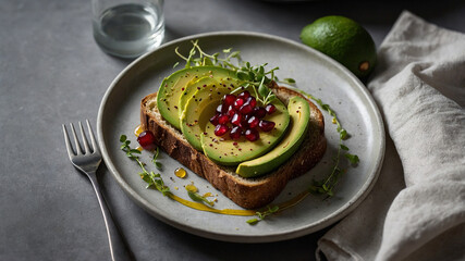 Avocado Toast Platter A single slice of toast with vibrant smashed avocado, topped with pomegranate seeds, microgreens, and a drizzle of olive oil is placed directly in the center of the frame
