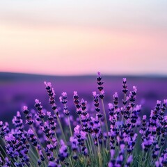 Lavender field under a pastel sky at dusk.