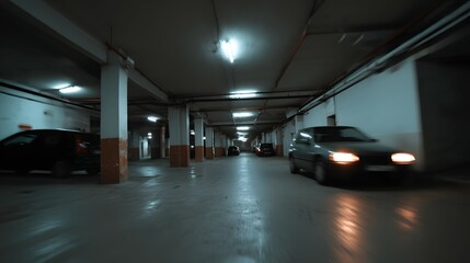 Cars parked in a dimly lit underground parking garage with support pillars.