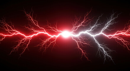 Powerful collision of red and white lightning bolts on black background. Dramatic electric discharge visualization. Energy conflict. Technology, power industry, science events, gaming tournament