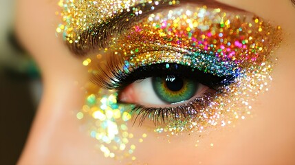 Closeup Shot Capturing Intricate Details of Sparkling Eye Makeup