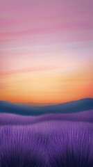 Purple field, rolling hills, sunset sky.